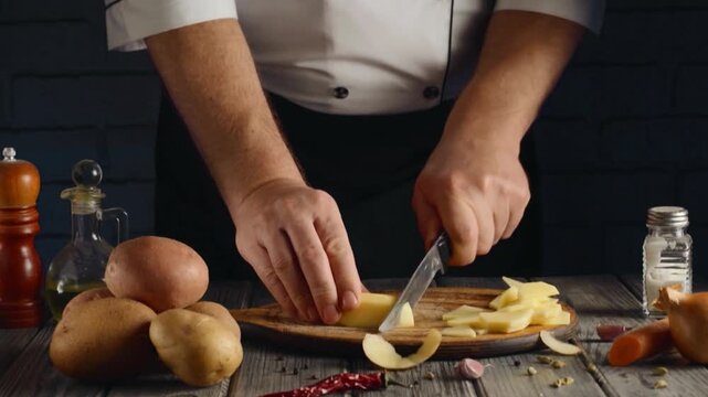 Cook slicing potatoes on a wooden board with knife and fresh ingredients surrounding the workspace in a rustic kitchen setting
