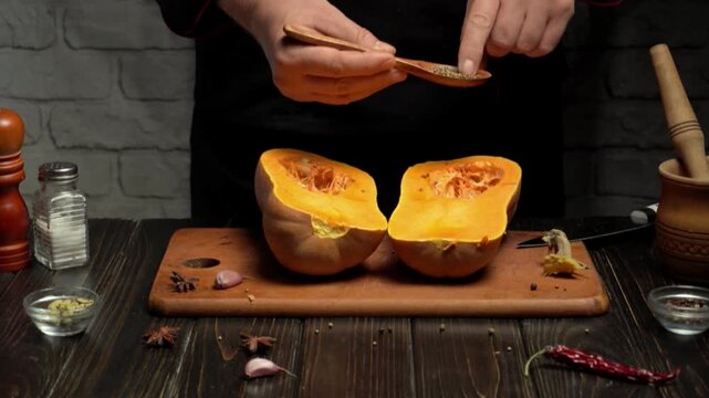 Person seasoning halved butternut squash with a wooden spoon on a cutting board surrounded by spices, garlic, salt, pepper, and kitchen utensils