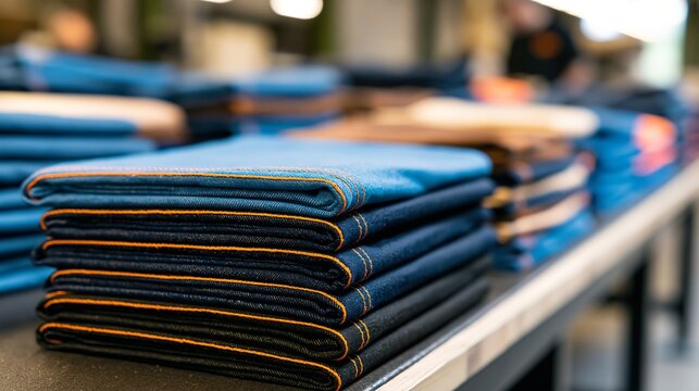 Neatly folded blue denim jeans stacked on a retail shelf inside a clothing store with warm lighting