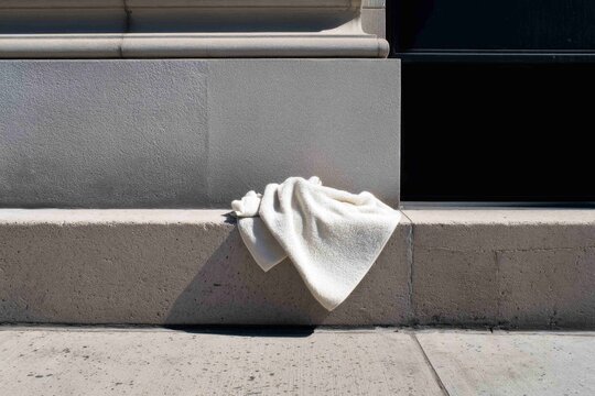 White cloth draped over a stone ledge beside a building in daylight