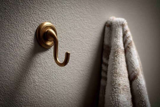 Towel hanging from a brass hook on a bathroom wall during the day