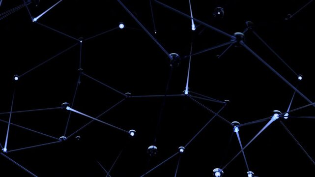 Network of connected nodes with light pulses traveling along lines on a dark black background, data transmission and blockchain concept, seamless loop, 3d rendered animation