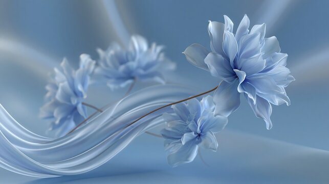 Blue flowers arc across flowing stems in an elegant botanical arrangement. The foremost bloom has many layered translucent petals. Floral elegance and serene blue background suit spring