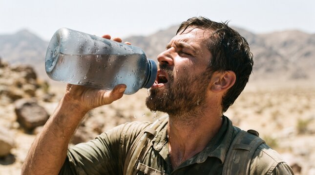 Thirsty man drinking water from bottle in hot desert landscape