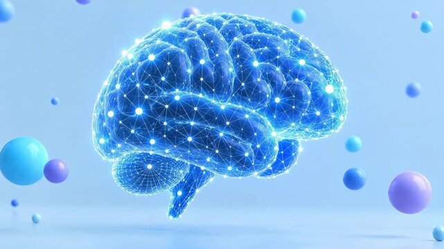 Blue networked brain hovers over a reflective surface while abstract spheres float around it