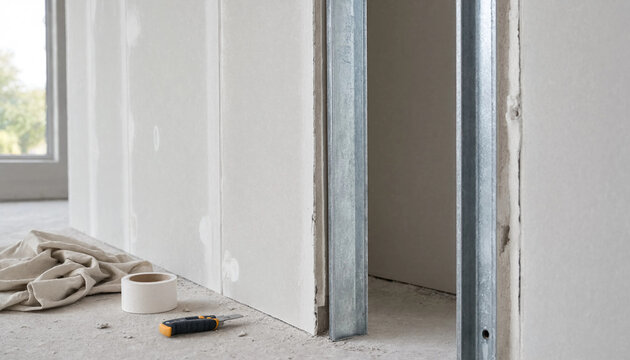 Drywall installation in progress with metal stud frame and tools on floor in unfinished room