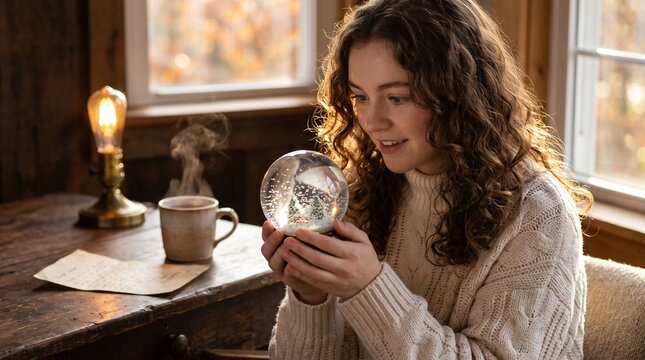 Young woman smiling and holding a snow globe in a cozy room  