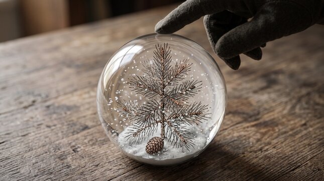 Snow globe with a pine tree and pine cone on a wooden table  