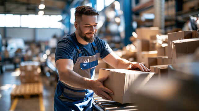 Adult workshop worker sliding a plain carton