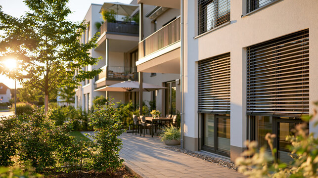 Exterior roller shutters block strong summer sun at a residence