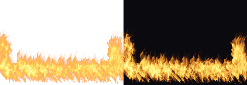Fire flames border on white and black background isolated on transparent background