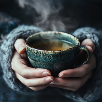 Woman's hands holding a cup of hot tea