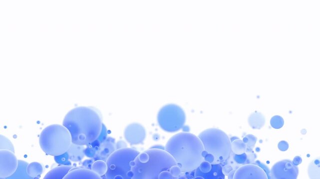 Translucent blue bubbles rising from the bottom on a white background, freshness and growth concept with copy space, seamless loop, 3d rendered animation