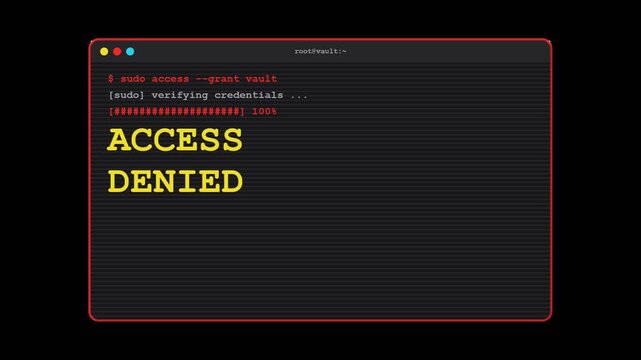 Retro Terminal Window with Access Denied Cyber Security Hacker Animation on Transparent Background