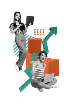 Vertical composite artwork collage image picture of girls laptop point finger arrow pointer up isolated on creative background