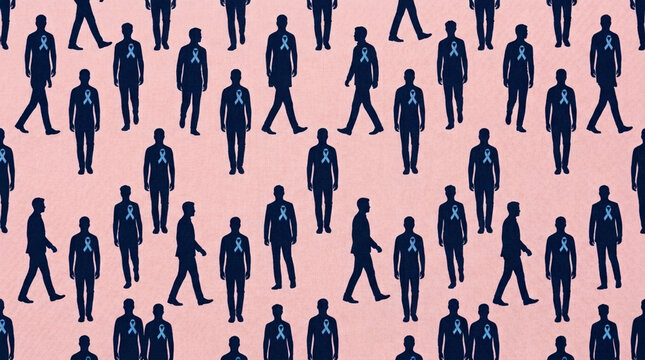 Silhouette Men Crowd Support Awareness Ribbon Symbol on Pink Background