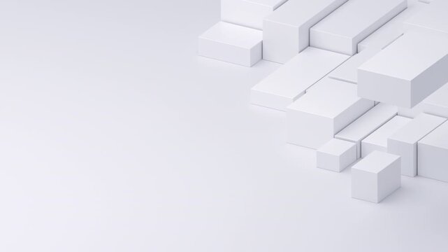 White blocks shifting and rearranging in an isometric grid, minimal geometric background, data blocks concept, seamless loop, 3d rendered animation