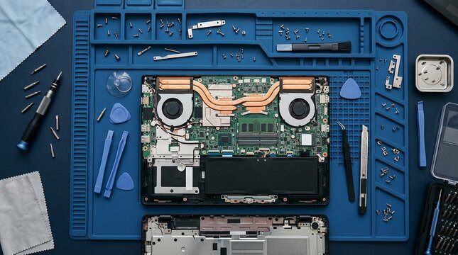 Flat lay of tools and screws around opened laptop on mat, laptop repair, disassembly and hardware maintenance