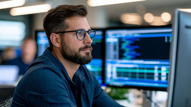 Software developer analyzing database performance on two monitors in a modern office, query execution plans and structured tables visible, SQL optimization, backend systems, data