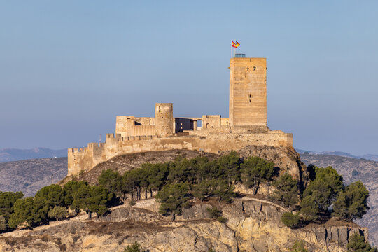 View of the medieval castle at Biar, Alicante, Spain, situated atop a hill