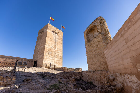 View of the medieval castle at Biar, Alicante, Spain, situated atop a hill