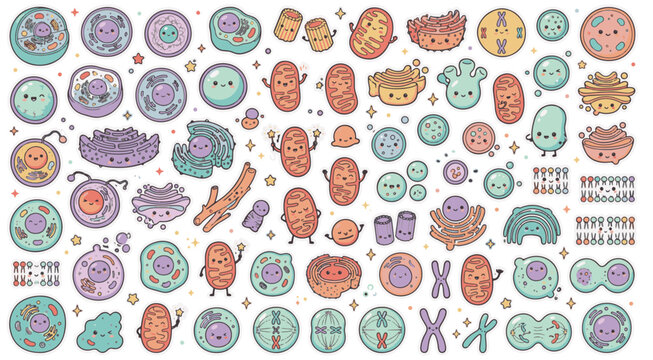 Cute cartoon cell biology vector set with mitochondria, chromosomes, and organelles in pastel colors