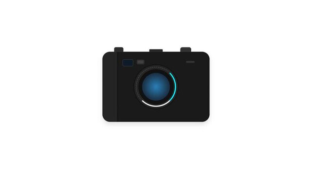 A clean 2D flat minimalist camera illustration on white background featuring realistic camera details like dials, grip, viewfinder window, LED flash, and smooth lens flash burst loop.