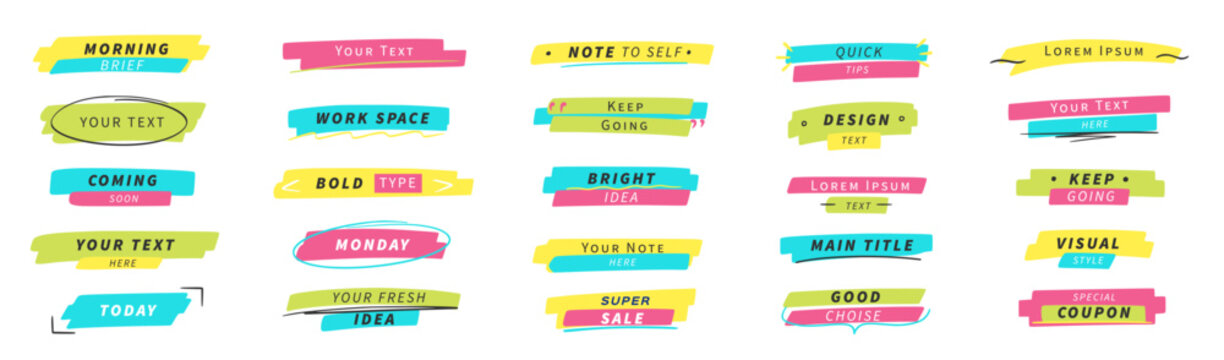 Highlight text underline mark set. Hand drawn highlight text underline marker pen box stroke brush doodle. Banner label title watercolor emphasis school arrow retro border. Vector