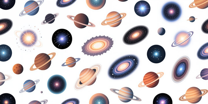 A repeating pattern of colorful planets with rings and galaxies on a white background, featuring various shapes and sizes in a cartoon style with vibrant orange, blue, and purple hues.