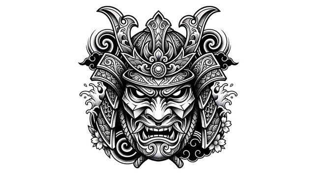 Samurai Oni Mask Illustration with Intricate Kabuto Helmet and Traditional Japanese Tattoo Style Engraving Isolated on White