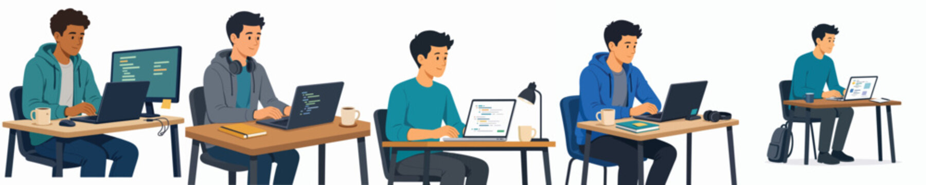 Vector illustration set of software developers at work, on a white background