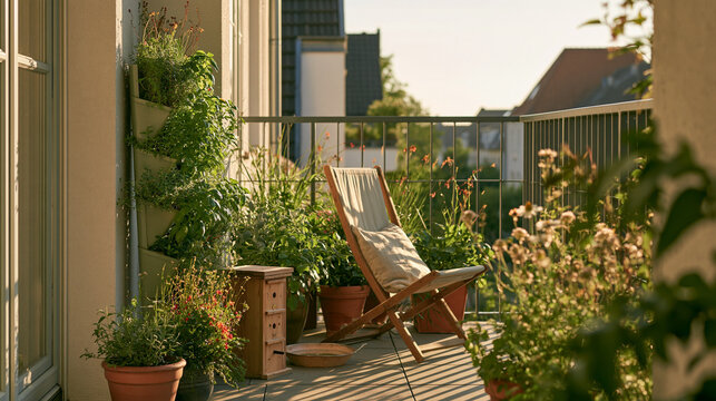 Vertical herb planter beside wooden bee hotel