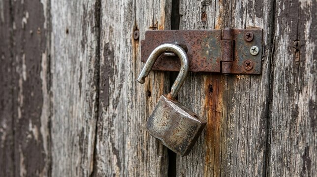 Open padlock hanging from hasp on weathered wooden door, unlocked, vulnerability and security breach concept