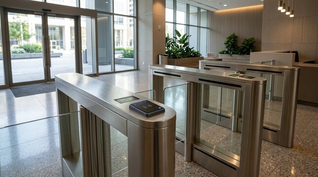 Turnstile gate at lobby entrance with card reader on post, building access control and office entry security
