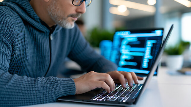 Software developer using an AI-powered SQL search interface with intelligent autocomplete, query suggestions and structured data results, machine learning in coding, database