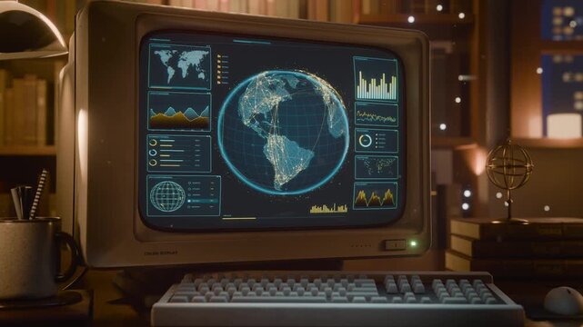 Booting retro CRT monitor activating 3D globe for live network tracking at home study