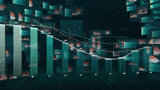 Pulling back camera revealing 3D bars labeled intervals on grid floor, showing analytics panels