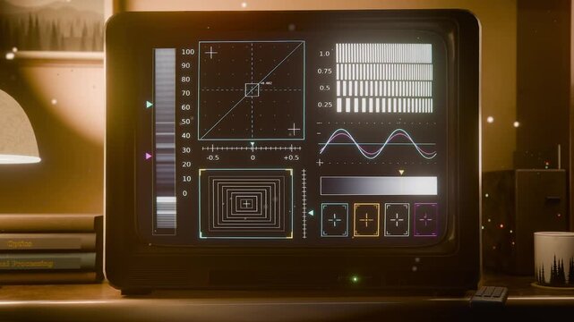 Booting retro monitor on power-up in home study showing test graphs, green LED glowing to calibrate