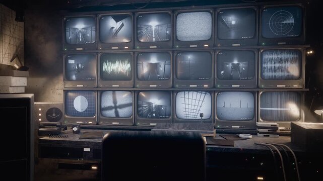 Flickering wall of CRT monitors losing signal after waveform spike in dim surveillance room, lamp