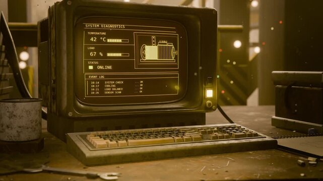 Showing CRT monitor and keyboard updating diagnostics on bench, logging TEMP HIGH, cooling system