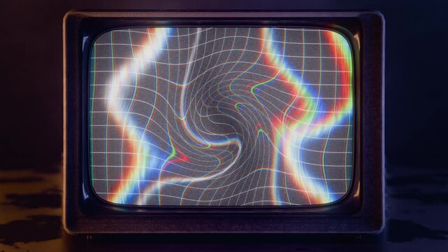 Displaying CRT television producing grid warp from signal, on glossy tabletop with vortex