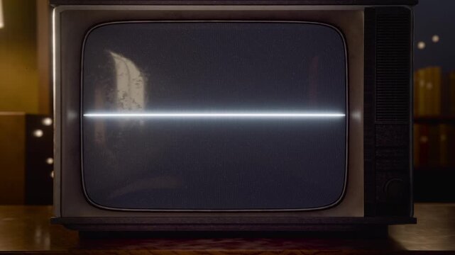 Showing vintage CRT TV on wood table with faint line appearing steadying collapsing into center dot