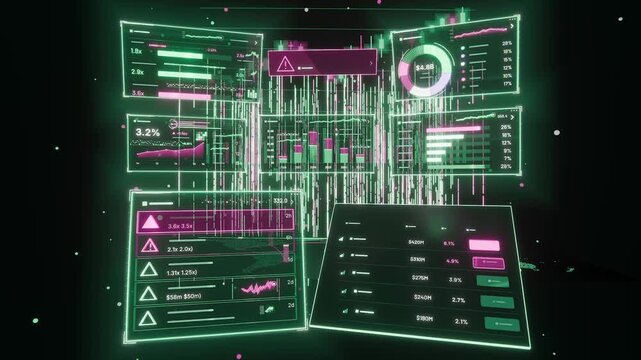 Starting hologram dashboard forming six-panel grid in void, showing live charts and magenta alert
