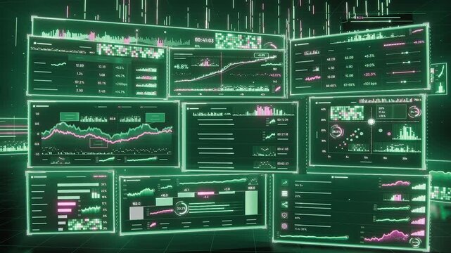 Assembling hologram dashboards forming in data space as falling data lines sparking live analytics