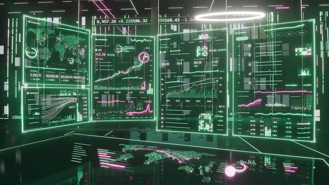 Assembling curved holographic panels in virtual command room with data arriving, updating analytics