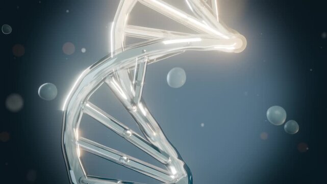 Rotating metal double-helix in studio exposing rungs as camera moving in to reveal rails with orbs