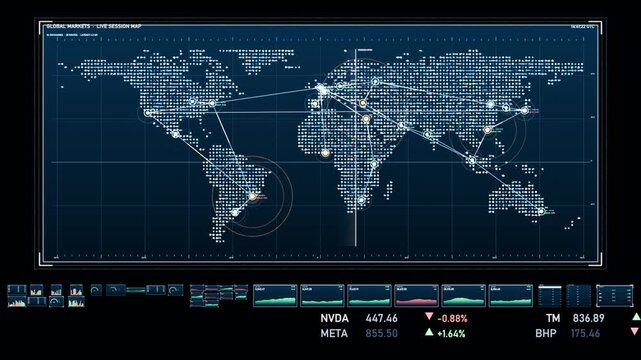 Receiving update, dotted map linking nodes rippling shifting amber on display, tickers updating