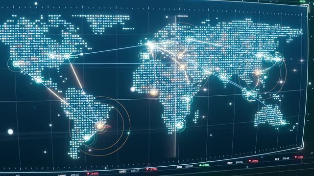 Pulsing HUD map showing node activation on command-center, drawing arcs and rings indicating alerts