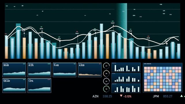 Scanning financial dashboard, vertical highlight rising and sweeping across bars revealing metrics