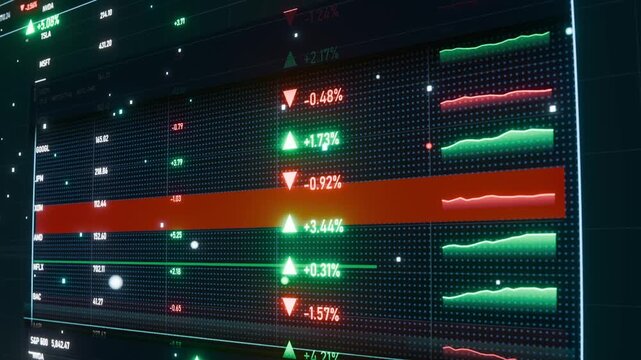 Camera panning large market dashboard at ops, revealing red markers, tickers indicating decline